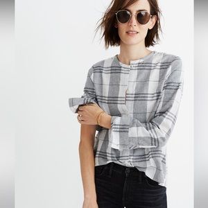 Madewell Gray and White Plaid Collarless Button Down Shirt